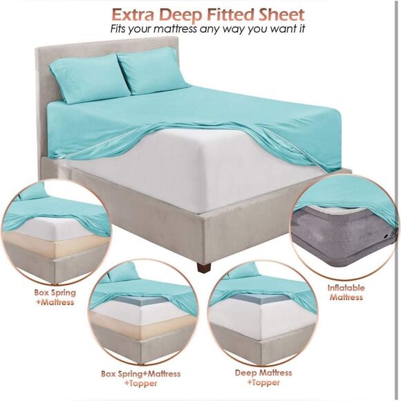 Light Blue Twin Fitted Sheet, Extra Deep Pocket Fitted Sheet Twin Size - Picture 6 of 7